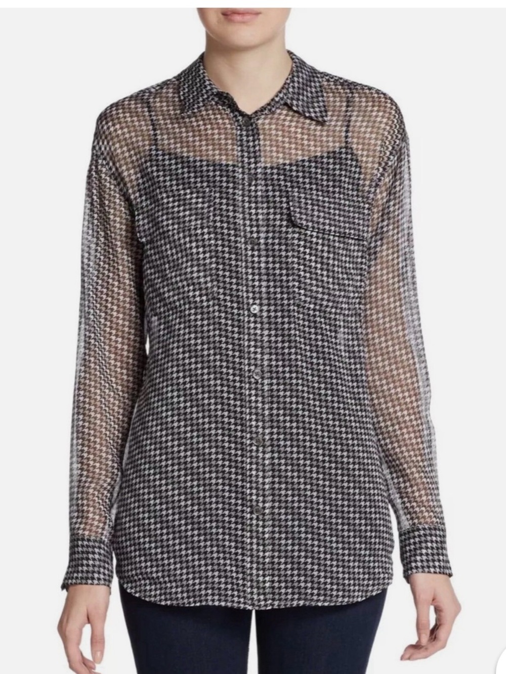 Equipment Femme 100% Silk Sheer Houndstooth Long Sleeve Blouse Size S
